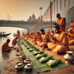 DALL·E 2025-02-28 12.46.10 - A traditional Hindu Pind Daan ritual being performed at Triveni Sangam, Prayagraj. The scene features a group of devotees and priests dressed in saffr(1)