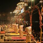 Captivating night scene of the Ganga Aarti ceremony, showcasing the vibrant Indian culture at Varanasi Ghats.